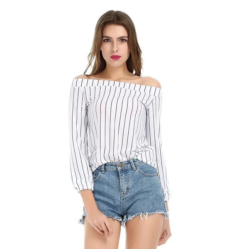 

Slash Neck Women Summer Tops Blouse 2020 Female Striped Shirts Fahion Womens Tops and Blouses Off Shoulder Top Sexy Blusas