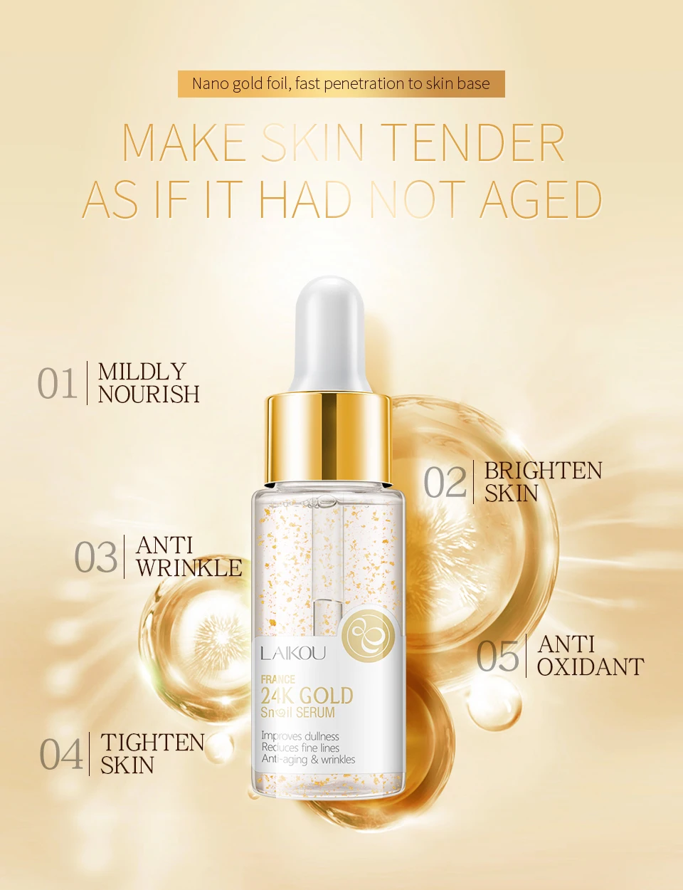 

Laikou Face Care 24K Snail Serum Hyluronic Acid Anti Aging Skin Whitening Essense Japan HA Skincare