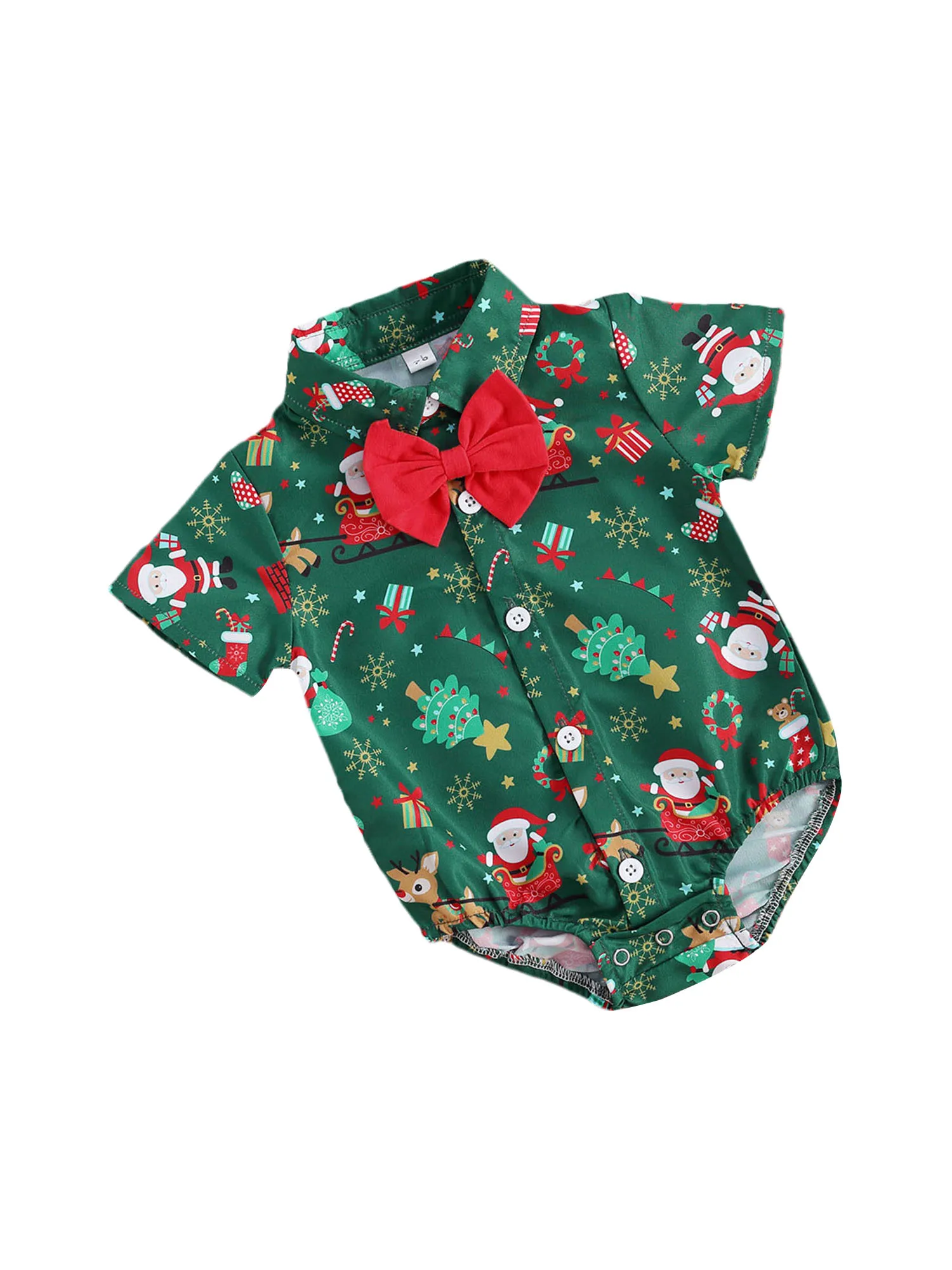 Christmas 0-24M Baby Girls Boys Bodysuits Santa Print Short Sleeve Bow Tie Gentleman Party Jumpsuits | Rompers