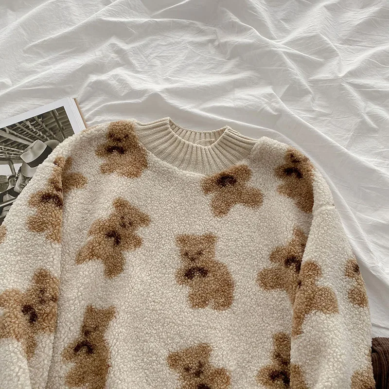 Kuzuwata Chic Funny Cartoon Bear Pattern Women Sweaters 2021 Autumn New Preppy Style Pullovers Casual O Neck Warm Tops 1H874 | Женская