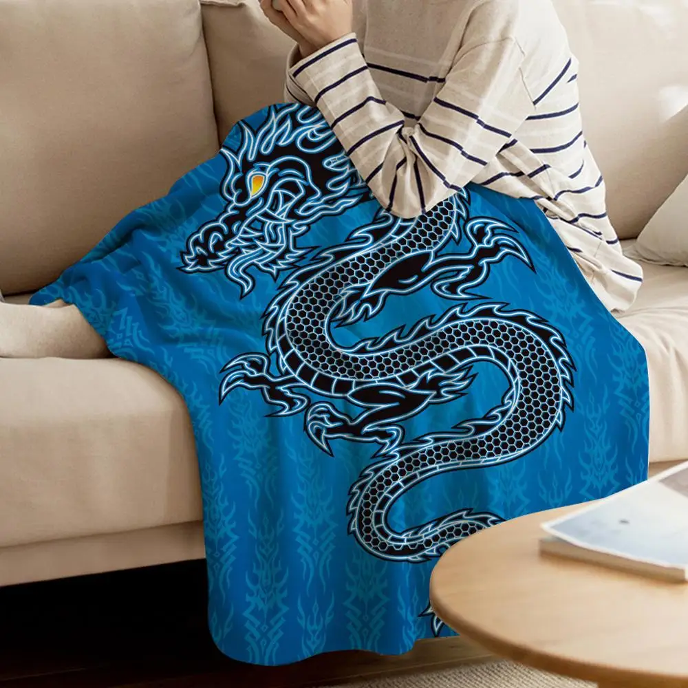 Одеяло с японским драконом черное одеяло голубым этническим рисунком дракона