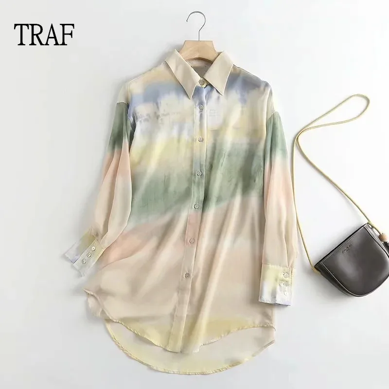 

TRAF 2021 Tie Dye Women's Shirt Summer Loose Long Sleeve Top Woman Clothing Vintage Blouses Casual Top Female Shirt