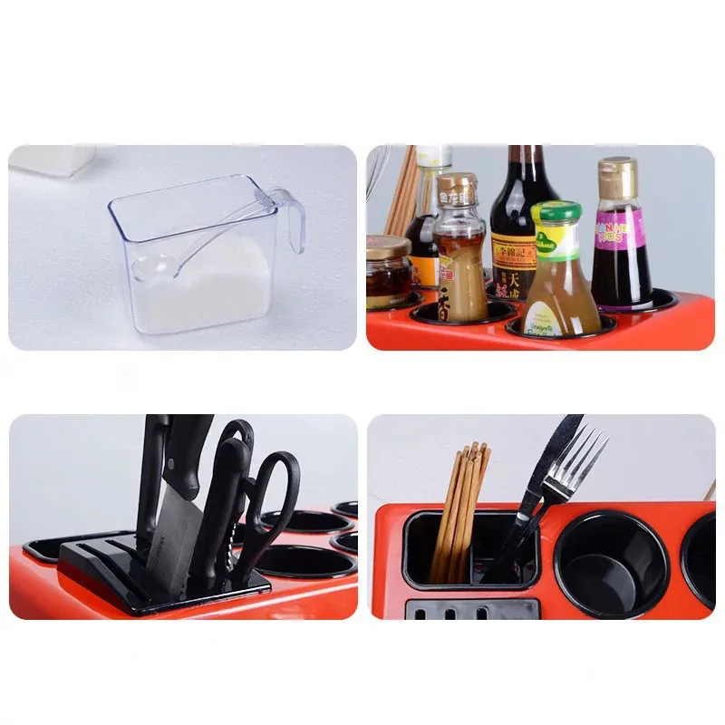 

Multifunction Seasoning Box Oil Sauce Bottles Storage Set Knife Scissors Combination Frame Two Layer Kitchen Rack Supplies