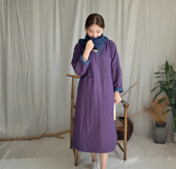 SCUWLINEN/ Женское зимнее платье, однотонное, с v-образным вырезом, в стиле пэчворк, в стиле ретро, плотное, теплое, свободное, с хлопковой подкладкой, длинное платье дзен, S1004