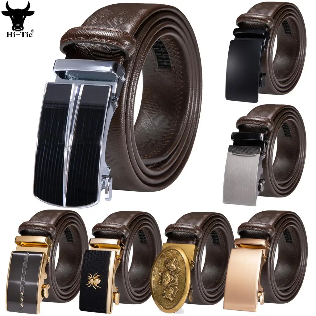 Hi-Tie Brown Leather Mens Belts for Men Belt Automatic Buckles Ratchet Waistband Straps for Dress Jeans Sliding Belt