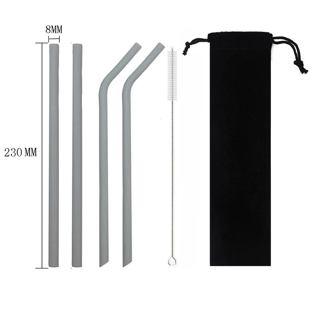 gray 230mm 6 шт./компл. красочное питье силиконовая трубочка набор 23 см 25 см пищевой соломинки для путешествий многоразовая солома с кистью сумка для хранения - Цвет: gray 230mm