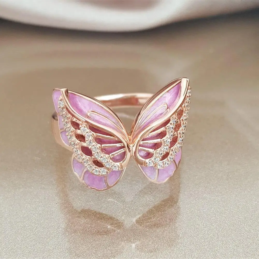 

silver plated Rose Gold Plated Butterfly Ring Pink Enamel Wing zircon ring women's dream birthday anniversary gift jewelry ring
