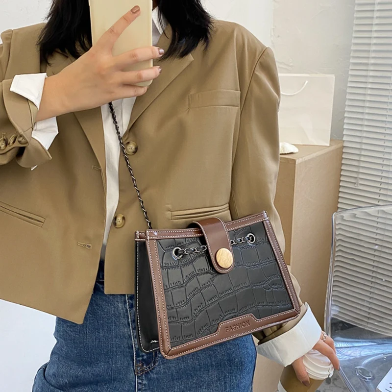 

Ladies Retro PU Leather Small Square Crossbody Bag New Fashion Stone Pattern Handbag Chain Shoulder Bag