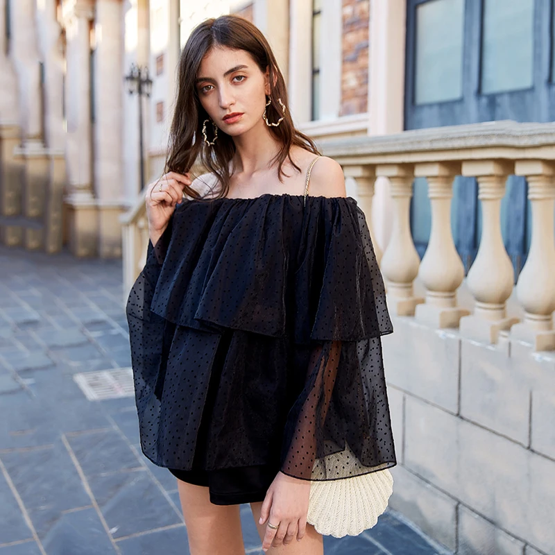 [EAM] Женская черная сетчатая блузка в горошек с разрезом новая свободная рубашка