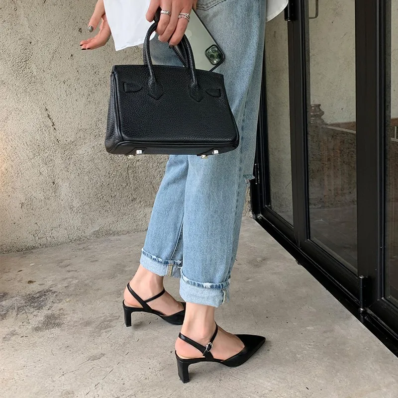 

Pointed Toe High Heel Shoes Women 2020 Summer Ankle Strap Thick Heel Sandals Buckle Elegant Office Ladies Sandals Apricot/Black