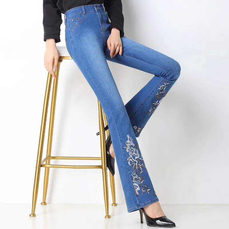 Женские джинсы с широкими штанинами длинные расклешенные вышивкой женские