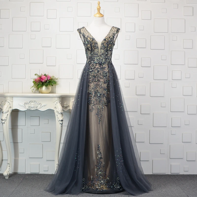 dar gray sleeveless Вечерние платья с длинными рукавами, темно-синие прозрачные платья с открытой спиной, тюлевые вечерние платья для выпускного вечера в Дубае, кружевное платье с аппликацией, zd2011 - Color: dar gray sleeveless