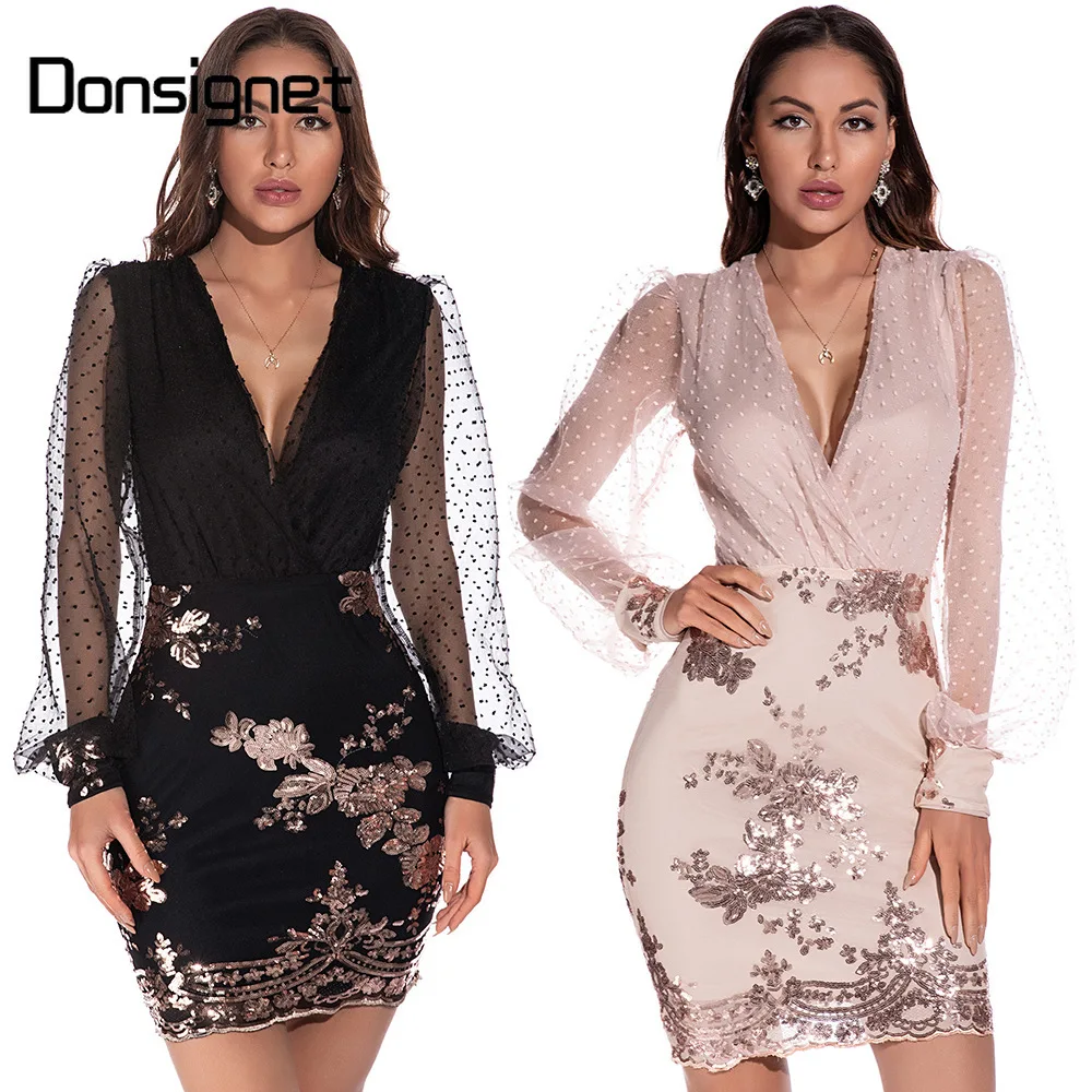 

New Sequins Sexy Dress for Women Sexy Gauze Long Sleeve Backless Dresses Women V-Neck Party Dresses Women Evening Donsignet