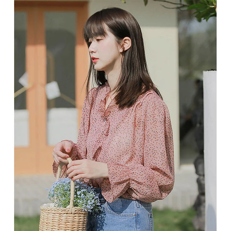 

Spring and Autumn Women's Chiffon Shirt Korean Fashion Long Sleeve Shirt Street Clothing Office Printed Cardigan Button Top