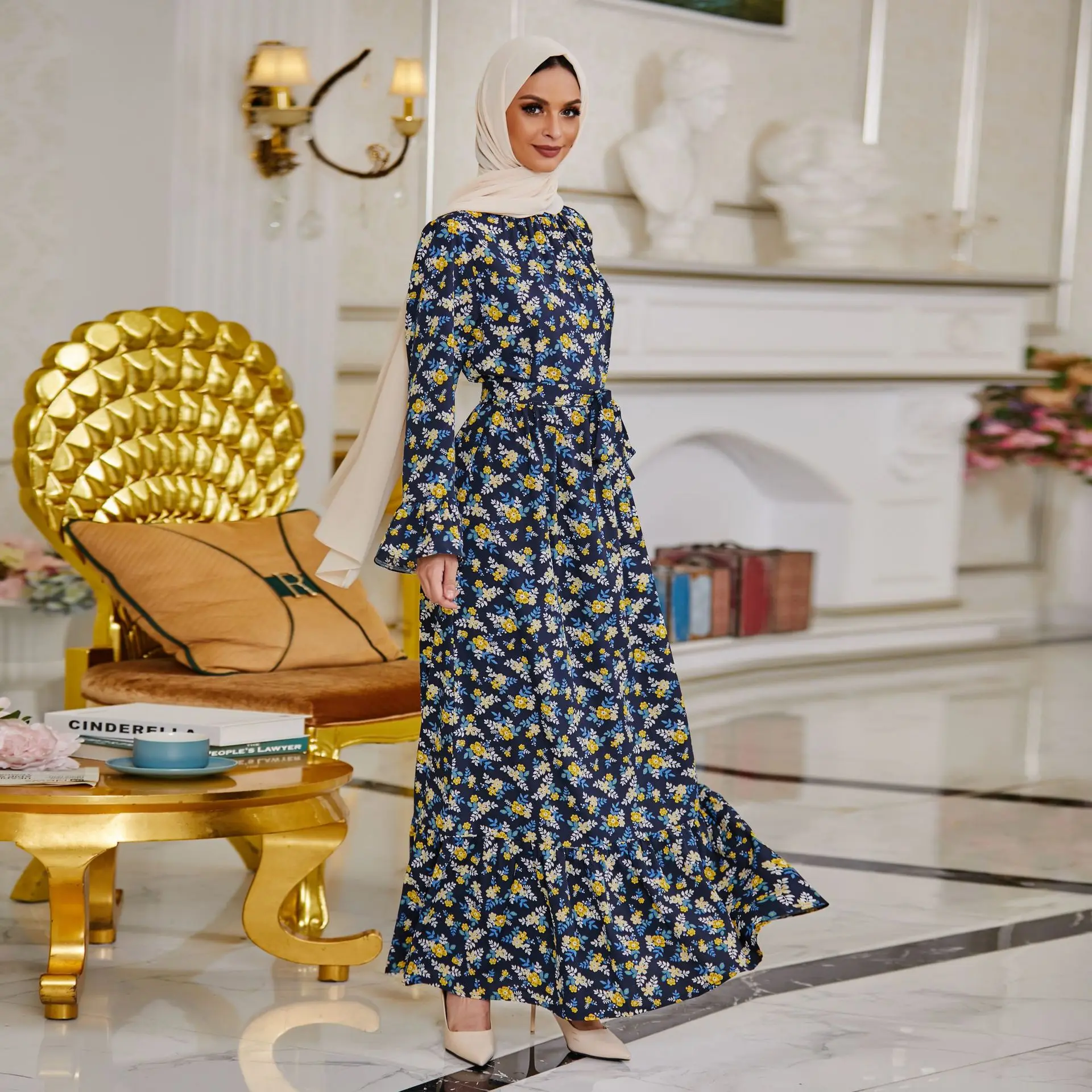 

Ramadan Muslim Printed Maxi Dresses for Women Hijab Dress Eid Abaya Dubai Turkey Abayas Islam Clothing Caftan Robe Longue Femme