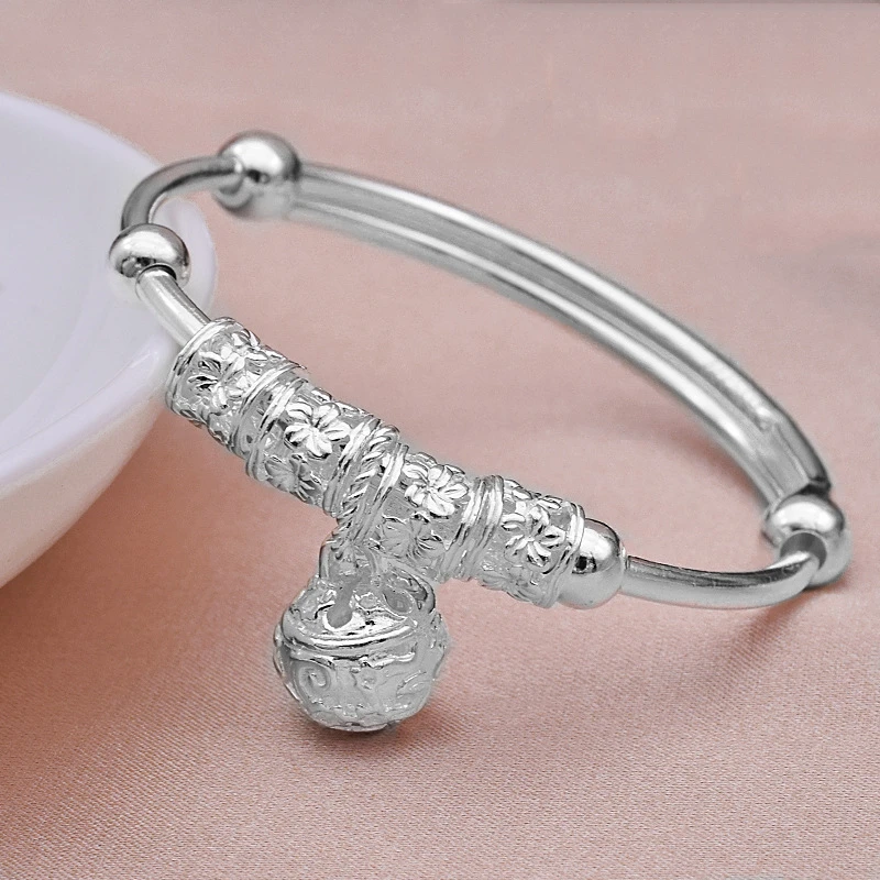 Модное серебряное 925 пробы Серебряное очарование искусственный камень браслет манжета браслет шар колокол подвески для женщин ювелирные изделия подарок