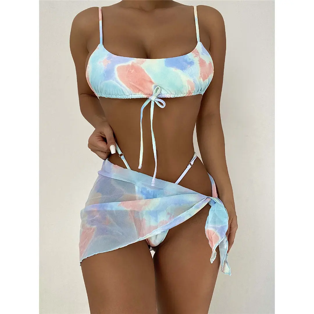 

2021 New Sexy Tie Dye Bikini Female Swimsuit Women Swimwear Three-pieces Bikini set With Sarong Thong Bather Bathing Suit Swim