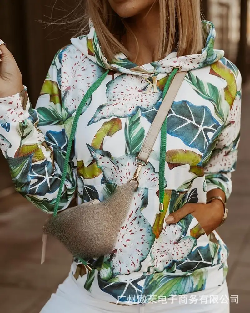 

sweatshirt women's autumn 2021 Hoodie long sleeved white leaf printed casual ladies tops