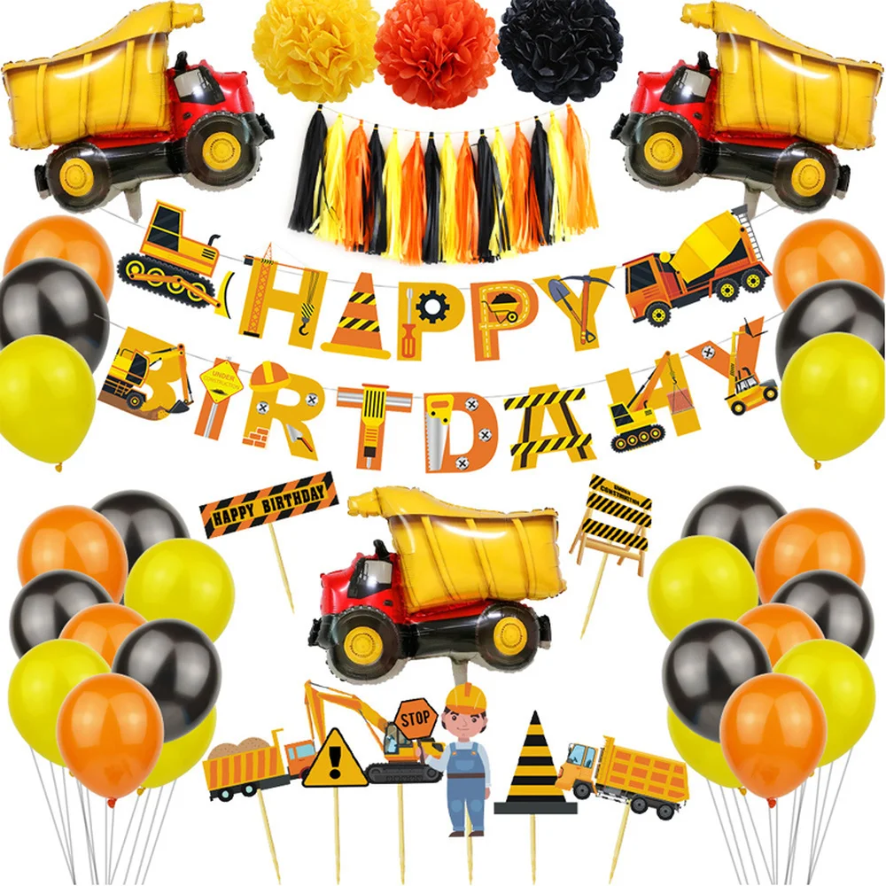 

Boys Kids Excavator Balloon Birthday Party Decoration Happy Birthday Banner Aluminum Film Latex Balloon Engineering Truck Set