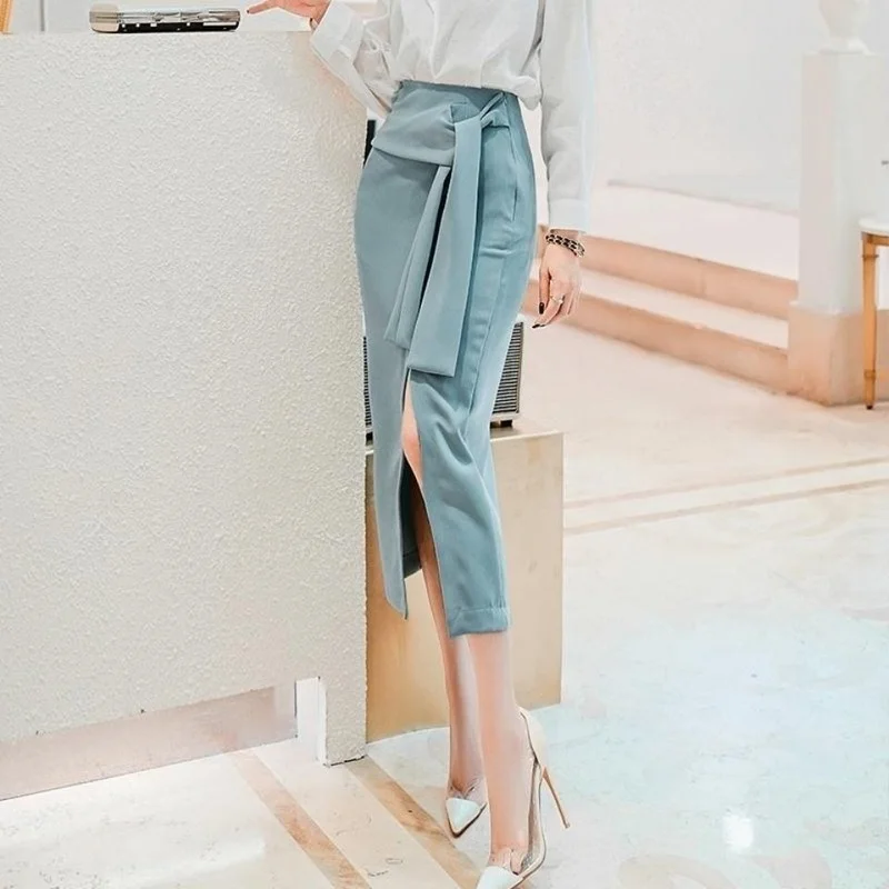 

Sexy Fashion Women Short Sleeve White Tops + Lace-up High Waisted Midi Skirt Suit Summer Female 2 Piece Sets Womens Outfits Y609