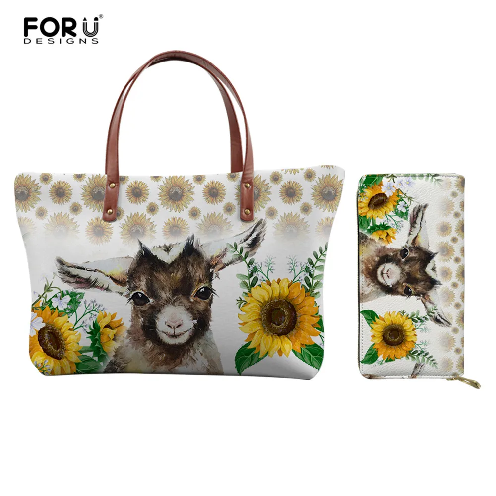 

FORUDESIGNS Cute Sunflower Donkey Pattern Fashion 2PCS/Set Women Handbags&wallet Casual Zipper Ladies Tote Shoulder Bags Woman