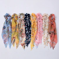 chiffon floral print hair scrunchies bowknot long ribbons hair rope for women girls daily elastic headwear hair accessories