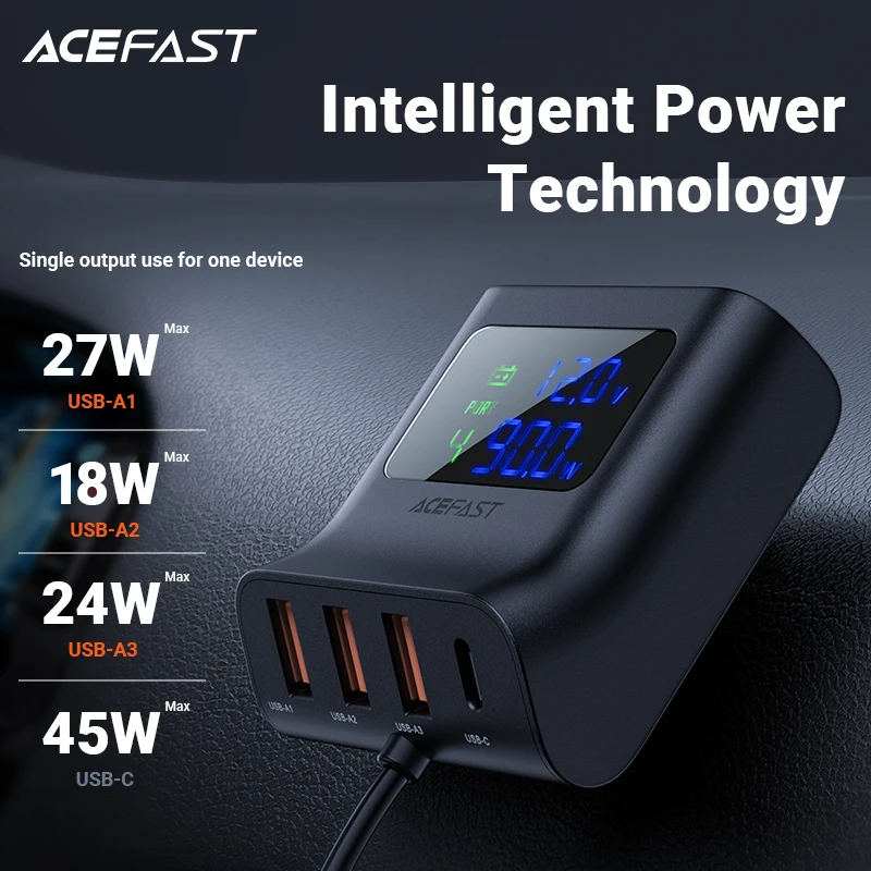 acefast 4 port usb car charger cigarette lighter socket splitters pd qc3 0 90w led display voltmeter dock fast charging station free global shipping