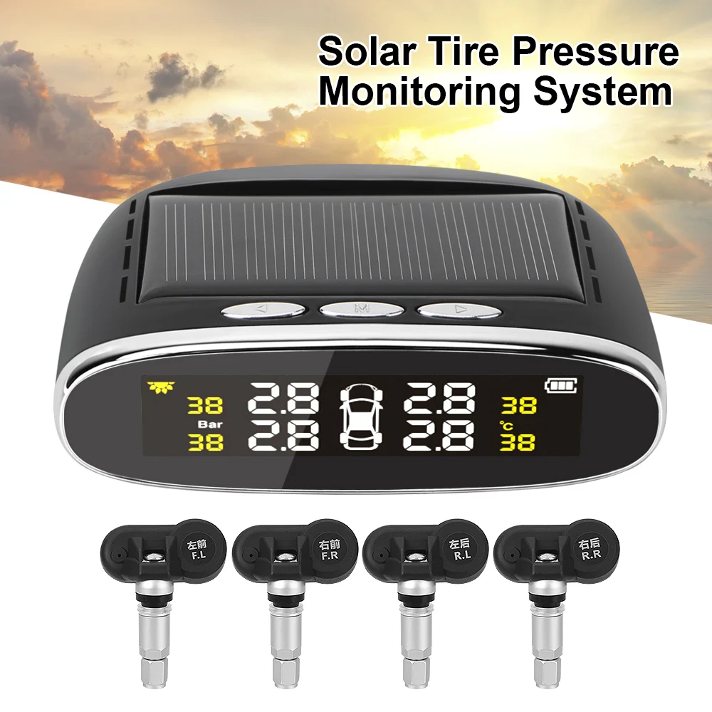 

LEEPEE LCD Display With 4 Internal/External Sensor Temperature Alert Solar Power TPMS Car Tire Pressure Alarm Monitor System