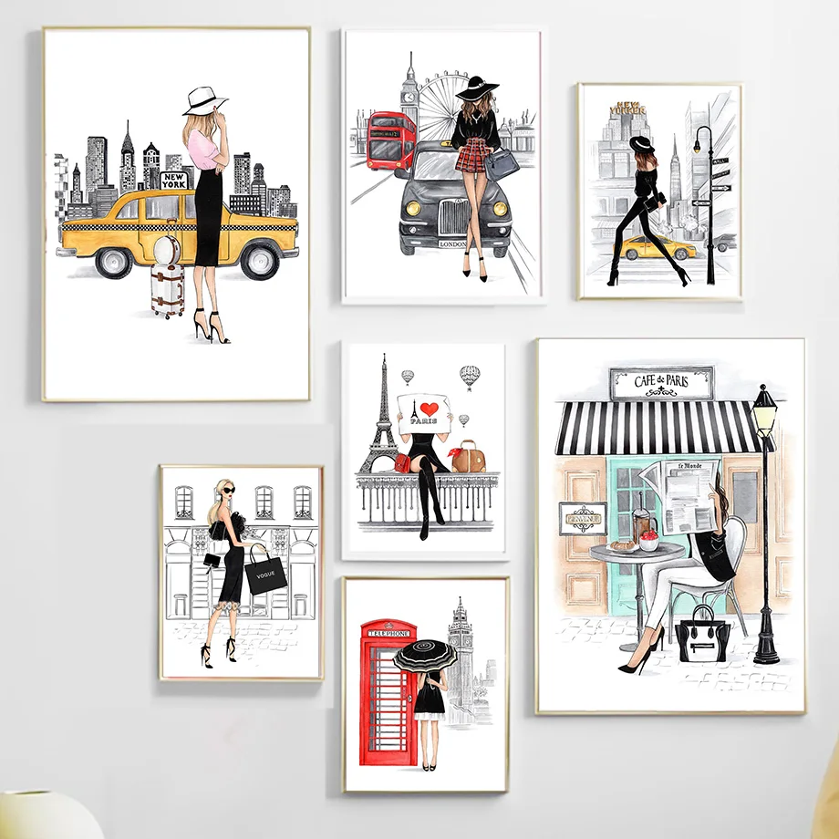 

Urban Girl Taxi Paris Tower Quote Cartoon Nordic Posters And Prints Wall Art Canvas Painting Wall Pictures For Living Room Decor