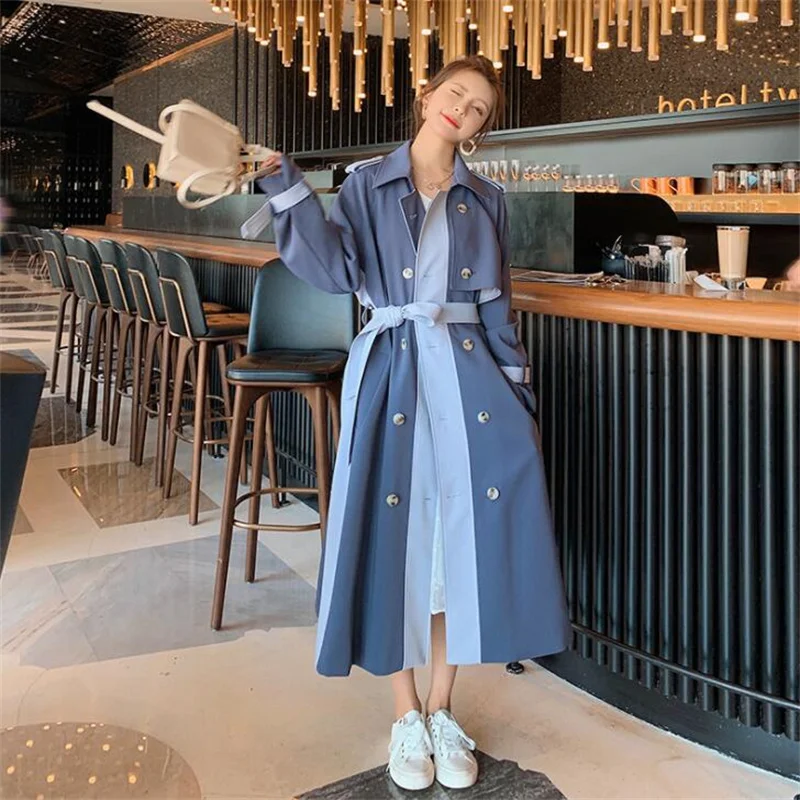 Stitching women's trench coats contrast color windbreaker jacket mid-length style spring 2021 new design sense popular coat