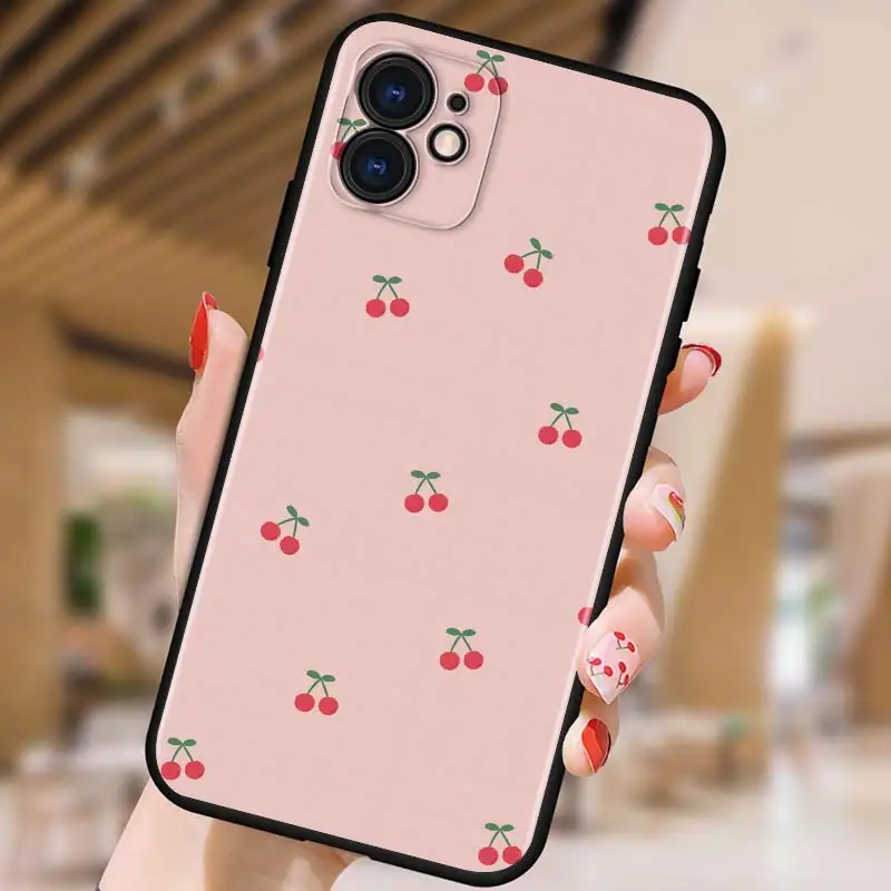 

Black Pink Cherry for iPhone 5 5S 6 7 8 X XR XS 11 SE 12 2020 mini Plus Pro MAX TPU Black Soft Cover