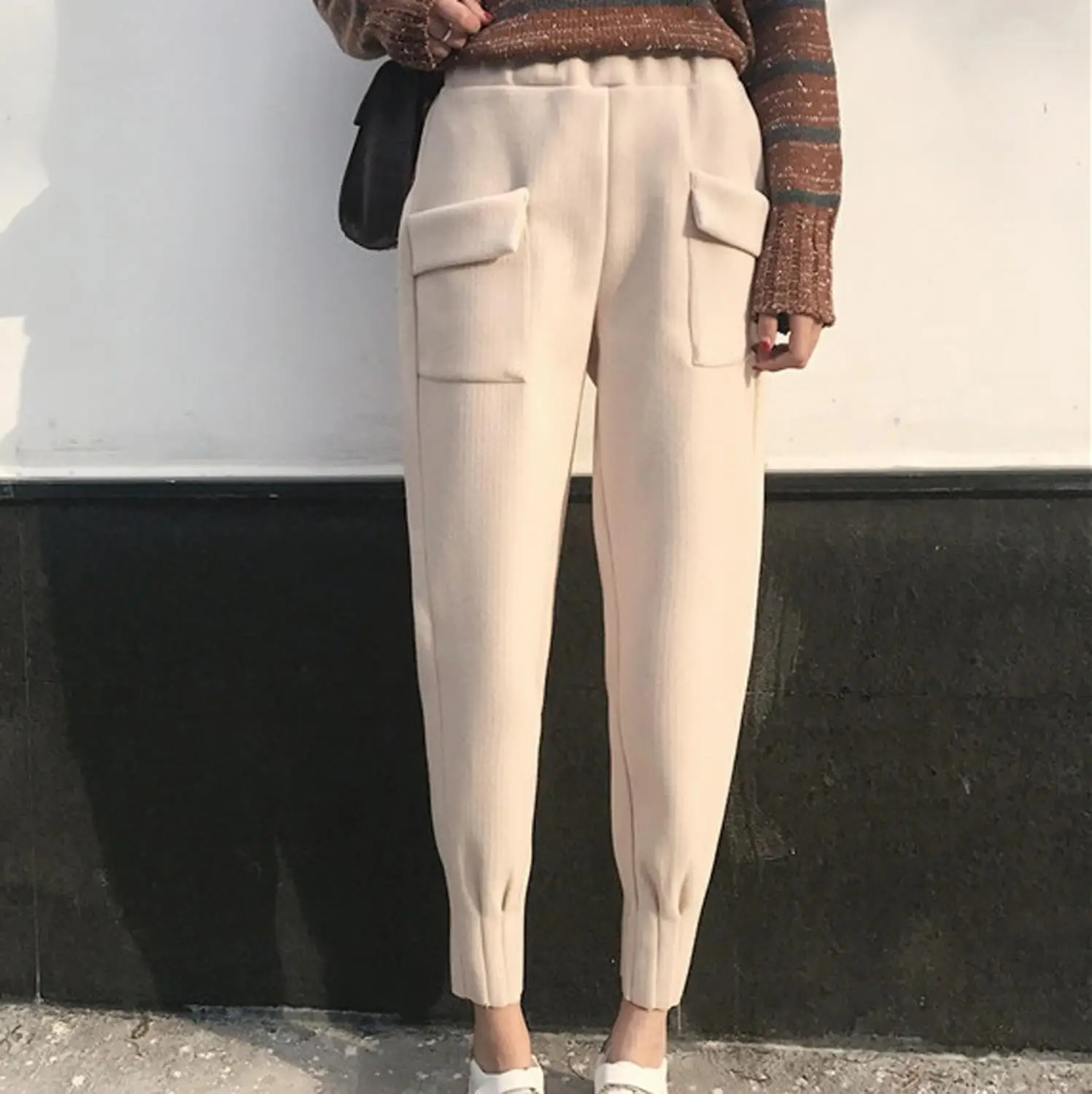 Женские флисовые брюки повседневные свободные однотонные брюки-карандаш