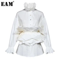 eam women white ruffles split blouse new stand collar long sleeve loose fit shirt fashion tide spring autumn 2021 1n882