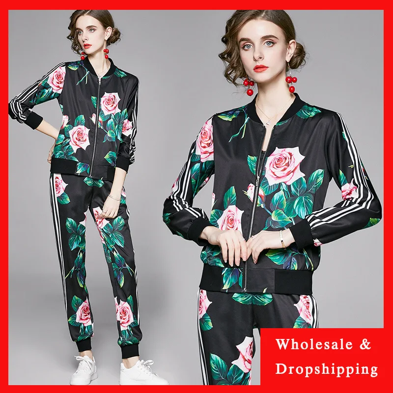 

2020 Осенняя женская обувь новые модные с принтом длинные рукава, трикотажная кофта + брюки для отдыха, комплект из двух предметов; Костюм