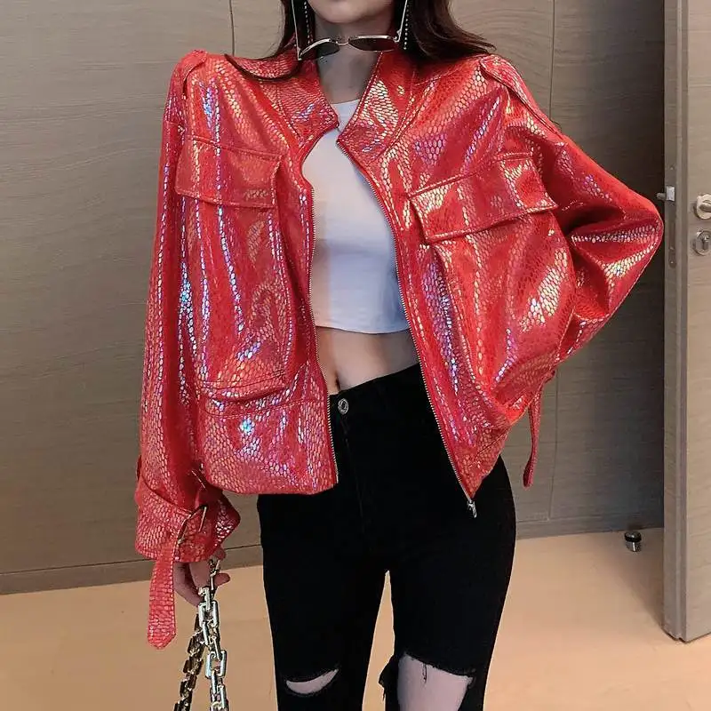 

Winter Short Patent Leather Jacket Female Street Women Outerwear PU Biker Jacket 2021