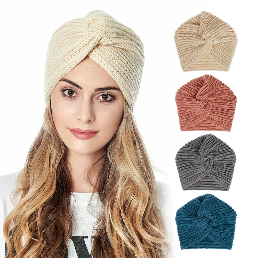 

Knitted Turban Hats Winter Warm Women Bohemia Turban Cashmere Cross Wrap Head Indian Hat Wool Knitting Bonnet Turban Cap