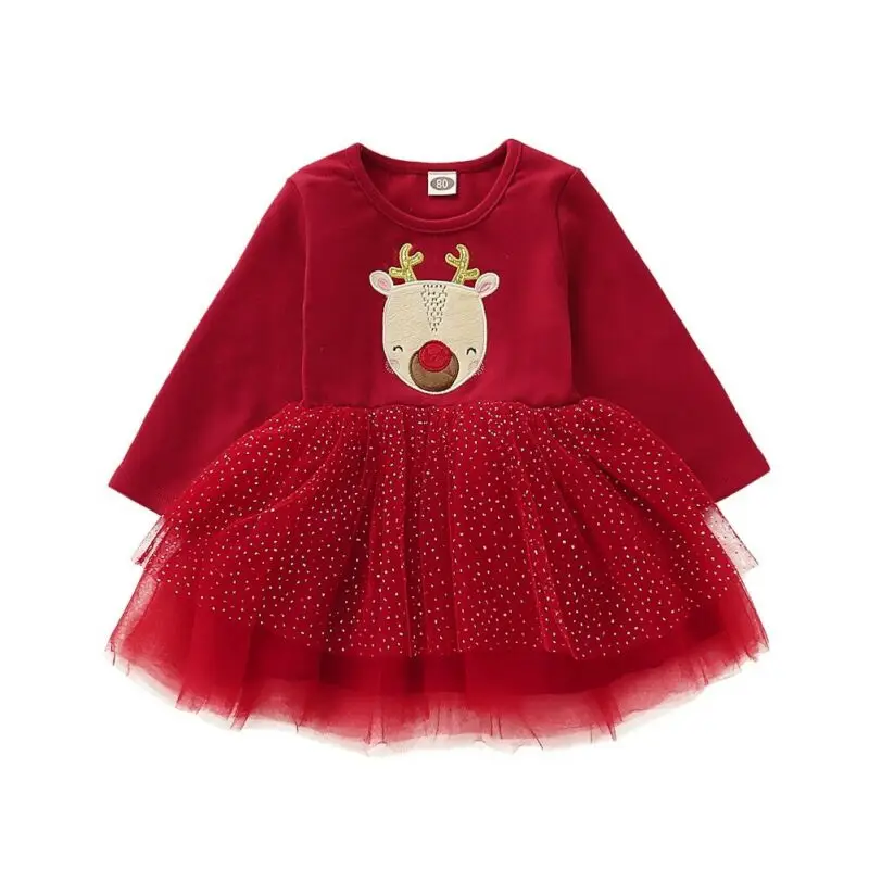 2020 Xmas Red Deer Dress Kid Baby Girl Christmas Long Sleeve Cotton+ Lace Casual Party Clothes | Детская одежда и обувь