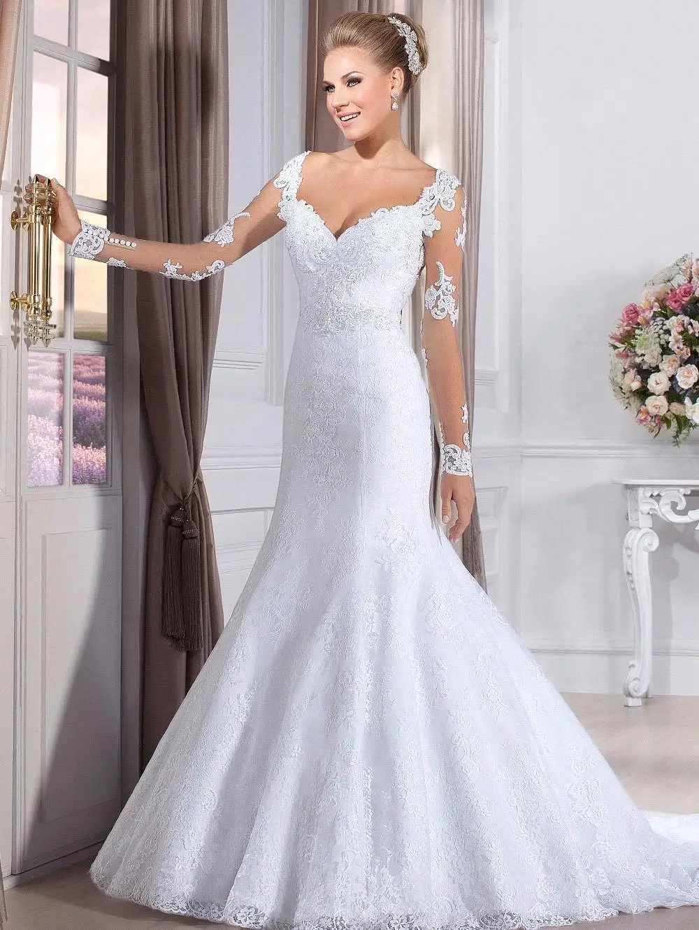 

2020 See Through Buttons Back Lace Bride Dresses Vestido De Noiva Sereia Sexy Sweetheart Long Sleeve Mermaid Wedding Dresses
