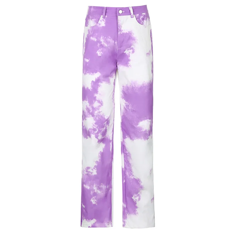 

Cool Tie Dye Women Long Pant 2021 Autumn Lady Hipster Straight Button Street Casual Pocket Trousers Blue Black Pink Purple