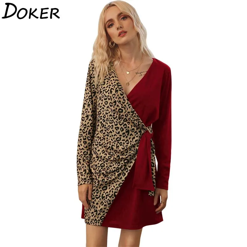 Женское короткое платье с леопардовым принтом длинным рукавом Осень зима 2020 v