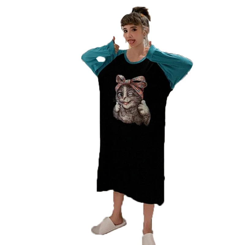 Осенне-зимняя женская ночная рубашка с длинным рукавом из хлопка в стиле пэчворк