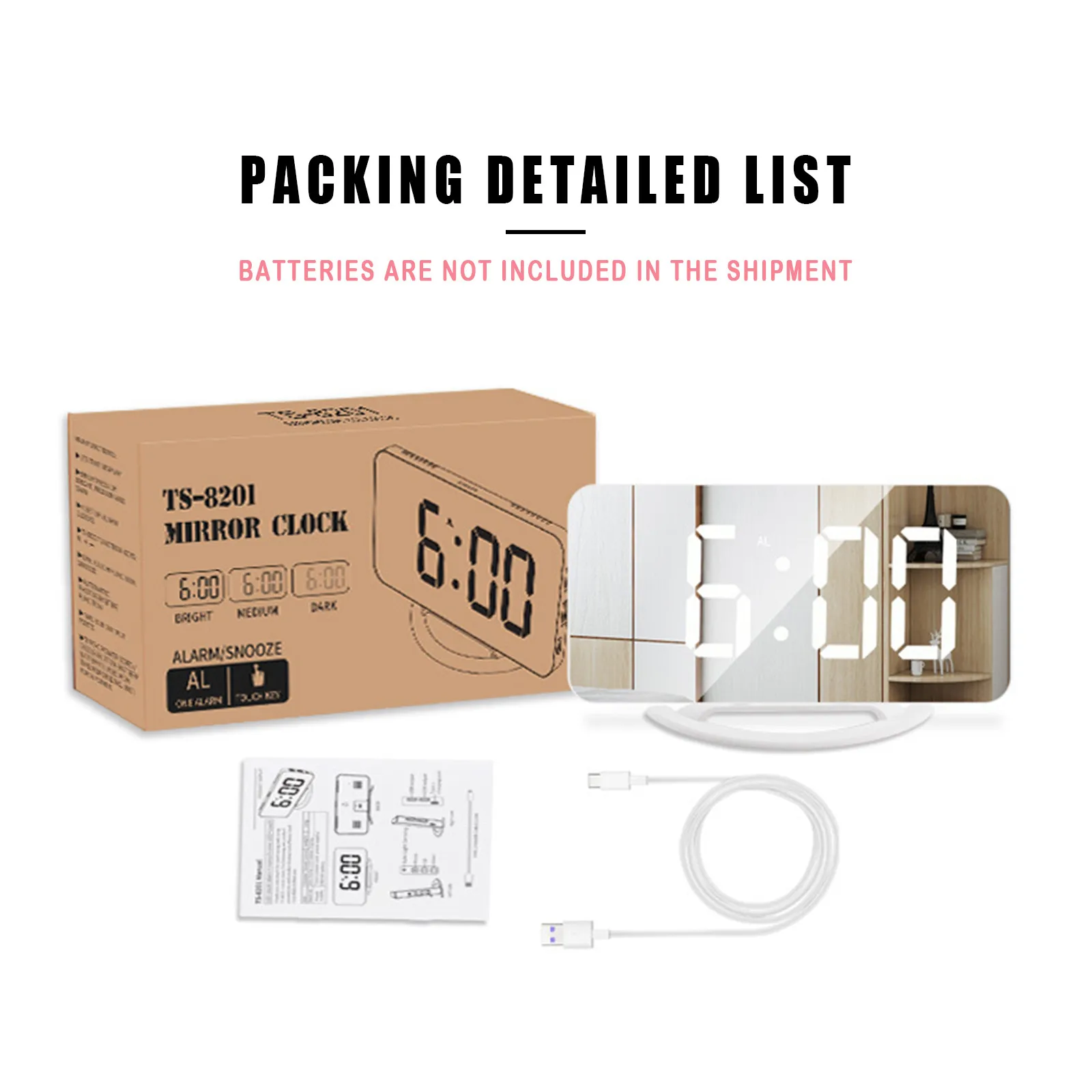 Цифровой зеркальный будильник со светодиодным дисплеем регулируемый с usb