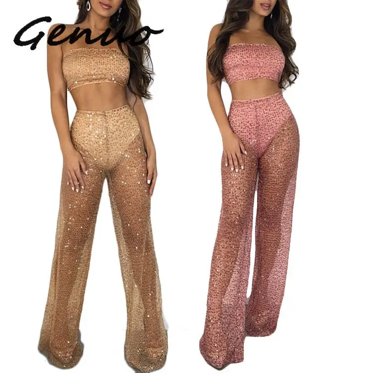 Genuo новый сексуальный сетчатый комплект из 2 предметов с блестками женские