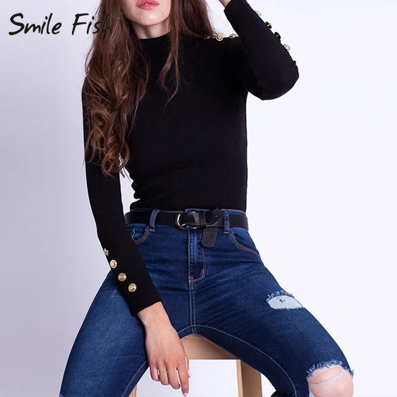 2020 Women Turtleneck Sweaters Buttons Knitted Solid Pullovers Causal Slim Office Lady Knitting Female Knit Tops M0381 Женская одежда