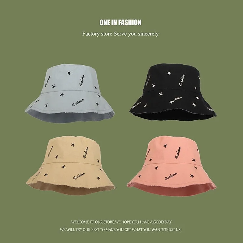

Fisherman Hat Female Korean Version of Wild Japanese Sunscreen Sunshade Double-sided Can Wear Niche Embroidery Summer Bucket Hat