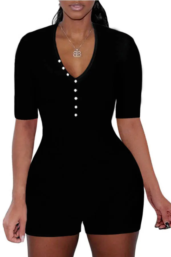 

Женский сексуальный комбинезон с глубоким v-образным вырезом, Одноцветный однобортный Облегающий комбинезон с коротким рукавом, одежда для...
