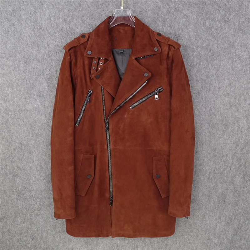 

Мужская длинная мотоциклетная куртка, коричневая Стильная приталенная куртка из натуральной овечьей шкуры, модель 3XL на весну, 2021