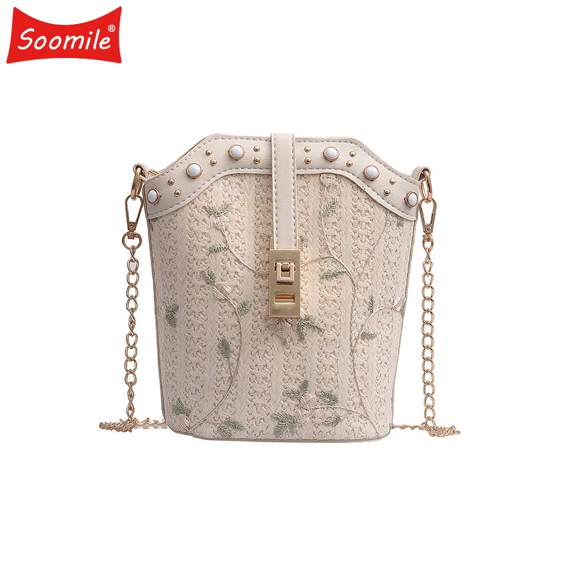 Женская Соломенная Сумка через плечо Soomile маленькая сумка ведро с цепочкой