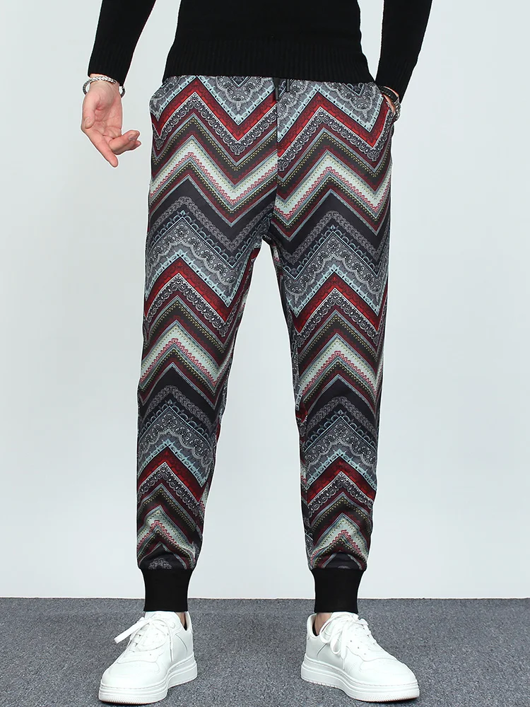 

M-LWinter tide ethnic style striped slim-fit harem pants with small feet male Korean style trendy handsome print bouquet feet c