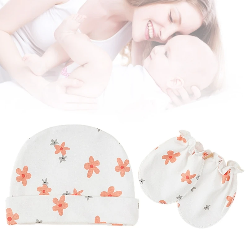 

Baby Printed Cotton Gloves Hat Set Newborn Anti Scratching Mittens Beanie Cap Infants Shower Gifts